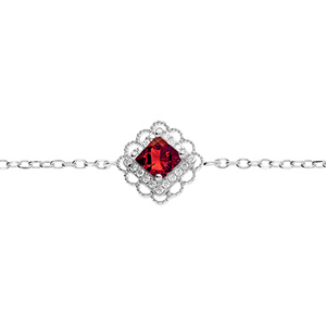 Bracelet en argent rhodi� carr� oxyde rouge serti contour oxydes blancs et dentel� - 15+3cm