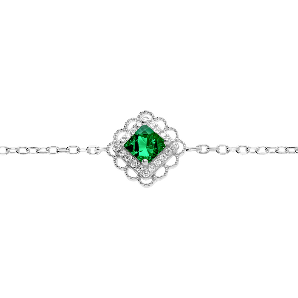 Bracelet en argent rhodi� carr� oxyde vert serti contour oxydes blancs et dentel� - 15+3cm - Vue 1