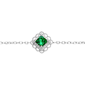 Bracelet en argent rhodi� carr� oxyde vert serti contour oxydes blancs et dentel� - 15+3cm