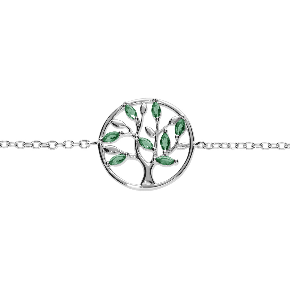 Bracelet en argent rhodi� cercle arbre de vie oxydes verts 16+2cm - Vue 1