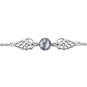 Bracelet en argent rhodié chaîne ailes d\'ange avec 1 perle grise synthétique au milieu - longueur 16cm + 2cm de rallonge - Vue 1