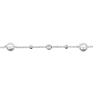 Bracelet en argent rhodi chane avec alternance de petites boules lisses, de 2 perles blanches synthtiques et d\'oxydes blancs sertis clos - longueur 16cm + 3cm de rallonge - Vue 1