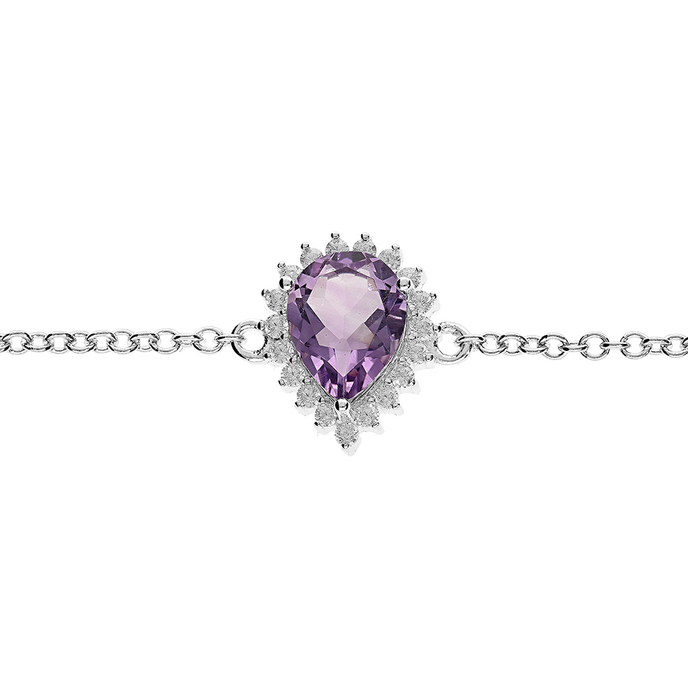 Bracelet en argent rhodi chane avec Amthyste vritable forme goutte 8x6 contour oxydes blancs sertis 16+3cm - Vue 1