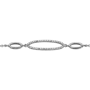 Bracelet en argent rhodi chane avec 3 anneaux allongs dont 2 lisses et 1 orn d\'oxydes blancs au milieu - longueur 16xm + 2cm de rallonge - Vue 1