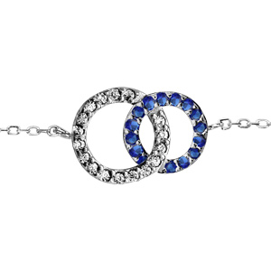 Bracelet en argent rhodi chane avec 2 anneaux de taille diffrente emmaills, 1 gros orn d\'oxydes blancs et le petit orn d\'oxydes bleus foncs au milieu - longueur 16cm + 1cm de rallonge - Vue 1