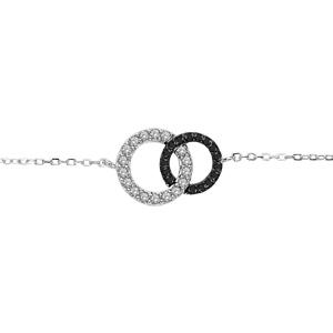 Bracelet en argent rhodi chane avec 2 anneaux de taille diffrente emmaills, 1 gros orn d\'oxydes blancs et le petit orn d\'oxydes noirs eu milieu - longueur 16cm + 2cm de rallonge - Vue 1