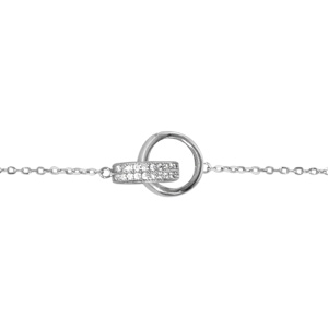 Bracelet en argent rhodi chane avec 2 anneaux emmaills, 1 lisse et l\'autre orn d\'oxydes blancs sertis au milieu - longueur 16cm + 2cm de rallonge - Vue 1