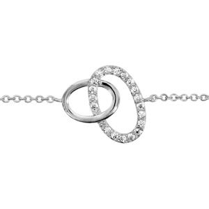 Bracelet en argent rhodi chane avec 2 anneaux ovales de taille diffrente emmaills, 1 petit lisse et le gros orn d\'oxydes blancs sertis - longueur 16cm + 2cm de rallonge - Vue 1