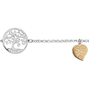 Bracelet en argent rhodi chane avec arbre de vie ajour au milieu et 2 pampilles feuilles dores jaune - longueur 16cm + 3cm de rallonge - Vue 1