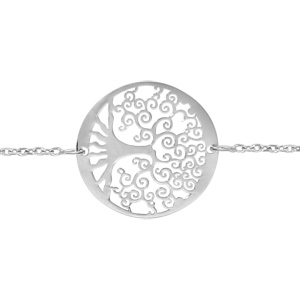 Bracelet en argent rhodi chane avec arbre de vie ajour au milieu - longueur 16cm + 3cm de rallonge - Vue 1