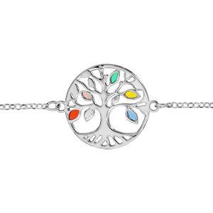 Bracelet en argent rhodié chaîne avec arbre de vie ajouré et feuilles en résines multicolore - longueur 16cm + 3cm de rallonge - Vue 1