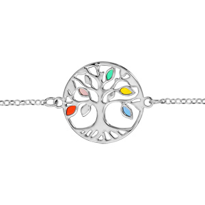 Bracelet en argent rhodi chane avec arbre de vie ajour et feuilles multicolores - longueur 16cm + 3cm de rallonge - Vue 1