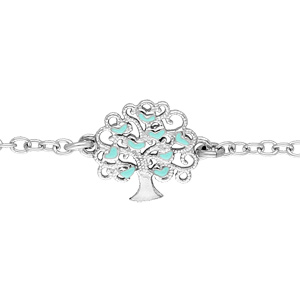 Bracelet en argent rhodi chane avec arbre de vie ajoure et curs couleur turquoise 16+3cm - Vue 1