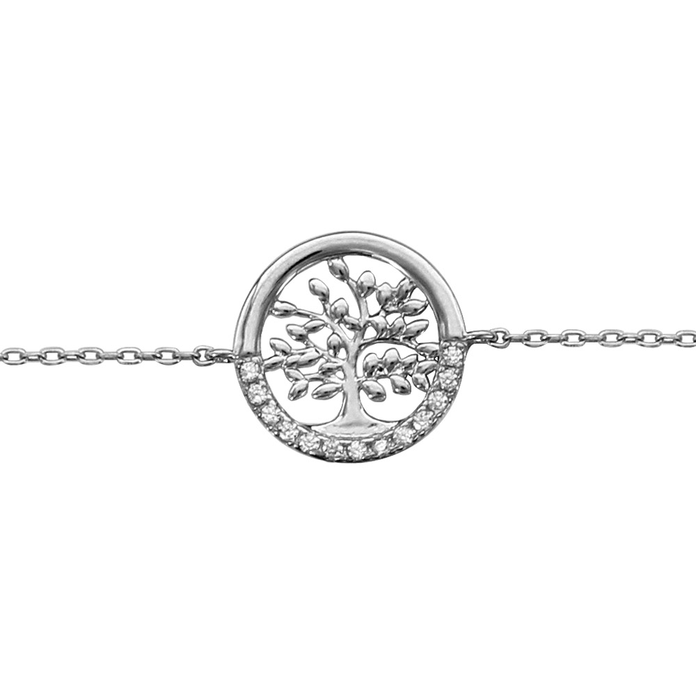 Bracelet en argent rhodi� cha�ne avec arbre de vie et demi cercle d\'oxydes blancs sertis 16+3cm - Vue 1