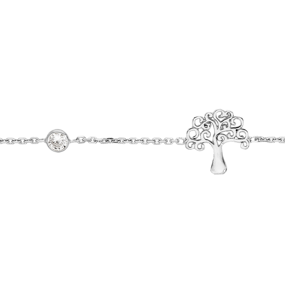 Bracelet en argent rhodi� cha�ne avec arbre de vie et 4 oxydes blancs sertis 17+3cm - Vue 1