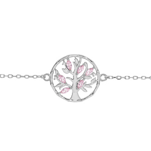 Bracelet en argent rhodi chane avec arbre de vie oxydes roses clairs 16+3cm - Vue 1