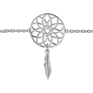 Bracelet en argent rhodi chane avec 1 attrape rve avec 1 plume suspendue au milieu - longueur 16cm + 2cm de rallonge - Vue 1