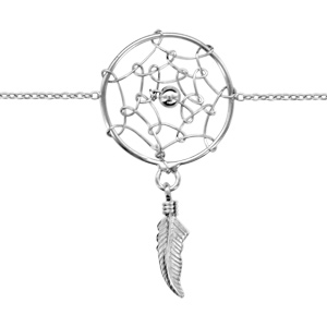 Bracelet en argent rhodi chane avec attrape rves avec petite boule lisse au milieu et 1 plume suspendue au milieu - longueur 16cm + 3cm de rallonge - Vue 1