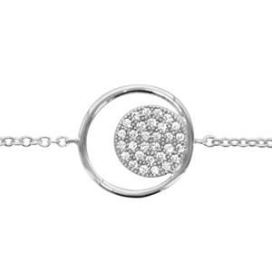 Bracelet en argent rhodi chane avec au milieu 1 anneau et 1 rond pav d\'oxydes blancs  l\'intrieur - longueur 16cm + 2cm de rallonge - Vue 1