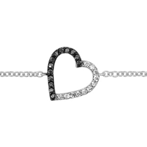 Bracelet en argent rhodi chane avec au milieu coeur vid avec 1 moiti en oxydes blancs sertis et l\'autre en oxydes noirs - longueur 16cm + 2cm de rallonge - Vue 1