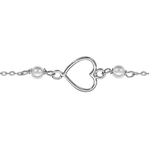 Bracelet en argent rhodi chane avec au milieu 1 coeur vid couch et 2 perles blanches synthtiques - longueur 15cm + 3cm de rallonge - Vue 1