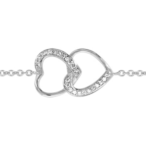 Bracelet en argent rhodi chane avec au milieu 2 coeurs emmaills avec 1 moiti sur chaque orne d\'oxydes blancs sertis - longueur 16cm + 2cm de rallonge - Vue 1