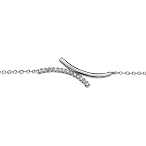 Bracelet en argent rhodi chane avec au milieu 2 courbes colles dont 1 lisse et l\'autre orne d\'oxydes blancs - longueur 16cm + 2cm de rallonge - Vue 1