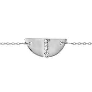 Bracelet en argent rhodié chaîne avec au milieu demi lune avec barrette d\'oxydes blancs sertis au milieu - longueur 16cm + 2cm de rallonge - Vue 1