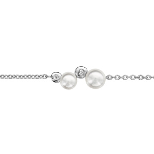 Bracelet en argent rhodi chane avec au milieu 2 clats d\'oxydes blancs sertis clos et 2 perles blanches synthtiques - longueur 16cm + 3cm de rallonge - Vue 1