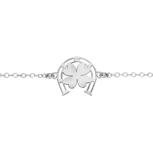 Bracelet en argent rhodié chaîne avec au milieu 1 fer à cheval avec 1 trèfle à 4 feuilles au centre - longueur 16cm + 3cm de rallonge - Vue 1