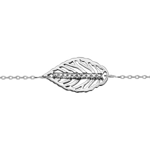 Bracelet en argent rhodi chane avec au milieu 1 feuille nervure ajoure avec barrette d\'oxydes blancs sertis au milieu - longueur 16cm + 2cm de rallonge - Vue 1