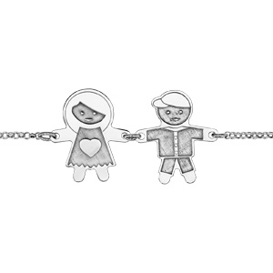 Bracelet en argent rhodié chaîne avec au milieu 1 fille et 1 garçon avec effet de matière - longueur 16cm + 3cm de rallonge - Vue 1