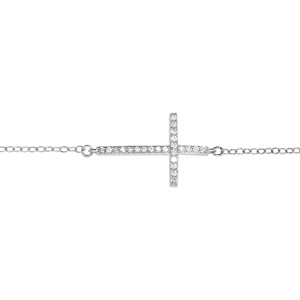 Bracelet en argent rhodi chane avec au milieu 1 grande croix chrtienne orne d\'oxydes blancs sertis - longueur 16cm + 2cm de rallonge - Vue 1