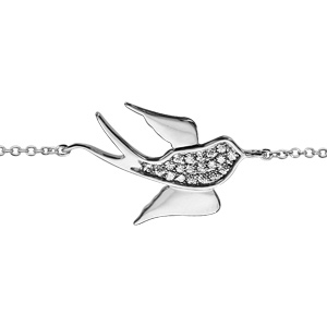 Bracelet en argent rhodi chane avec au milieu hirondelle avec corps orn d\'oxydes blancs sertis et ailes lisses - longueur 16cm + 2cm de rallonge - Vue 1