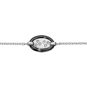 Bracelet en argent rhodié chaîne avec au milieu 1 ovale en céramique noire et éclats d\'oxydes blancs sertis - longueur 16cm + 3cm de rallonge - Vue 1