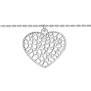 Bracelet en argent rhodi chane avec au milieu 1 pampille coeur ajour en dentelle - longueur 16cm + 3cm de rallonge - Vue 1
