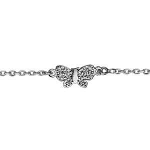 Bracelet en argent rhodi chane avec au milieu 1 papillon avec ailes paves d\'oxydes blancs sertis - longueur 14cm + 3cm de rallonge - Vue 1