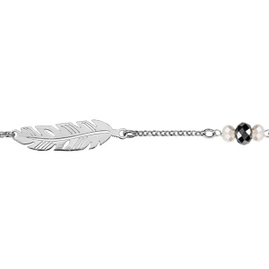 Bracelet en argent rhodi chane avec au milieu 1 plume et perles facetes blanches et noires synthtiques de chaque ct - longueur 17cm + 2cm de rallonge - Vue 1