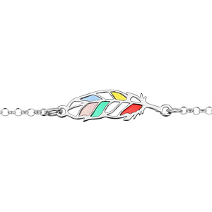 Bracelet en argent rhodi chane avec au milieu plume multicolore et ajoure - longueur 16cm + 3cm de rallonge - Vue 1