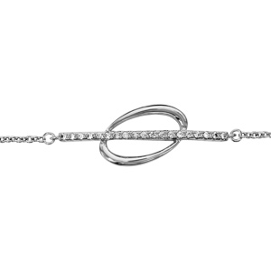 Bracelet en argent rhodi chane avec au milieu 1 rail d\'oxydes blancs superpos sur 1 ovale lisse et vid - longueur 16cm + 2cm de rallonge - Vue 1