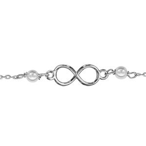 Bracelet en argent rhodi chane avec au milieu symbole infini entour de 2 perles blanches synthtiques - longueur 15cm + 3cm de rallonge - Vue 1