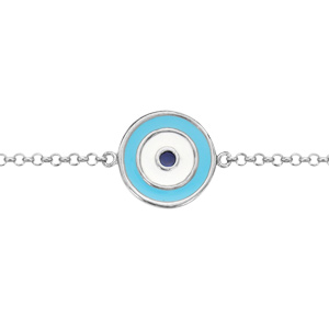 Bracelet en argent rhodié chaîne avec au milieu symbole oeil de la chance en résines bleues - longueur 16cm + 2cm de rallonge - Vue 1