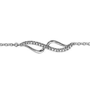 Bracelet en argent rhodi chane avec au milieu 2 vagues relies aux bouts, 1 en rail d\'oxydes blancs sertis et l\'autre lisse - longueur 16cm + 2cm de rallonge - Vue 1