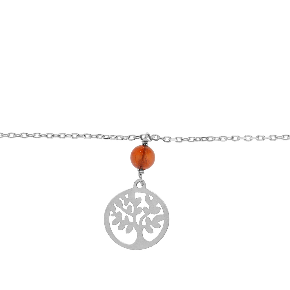 Bracelet en argent rhodi� cha�ne avec boule Ambre v�ritable et arbre de vie 16+3cm - Vue 1