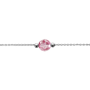 Bracelet en argent rhodié chaîne avec boule cristal rose facettée au centre 16cm + 3cm - Vue 1