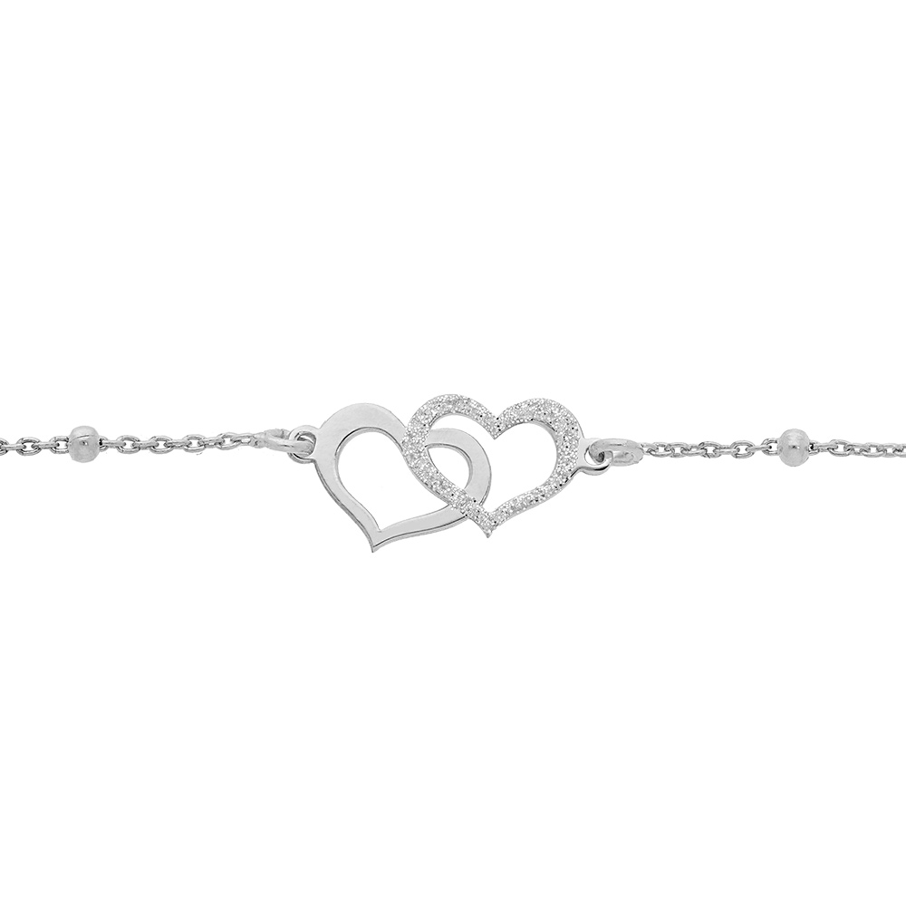 Bracelet en argent rhodi� cha�ne avec boule et double coeur granit� 15+3cm - Vue 1