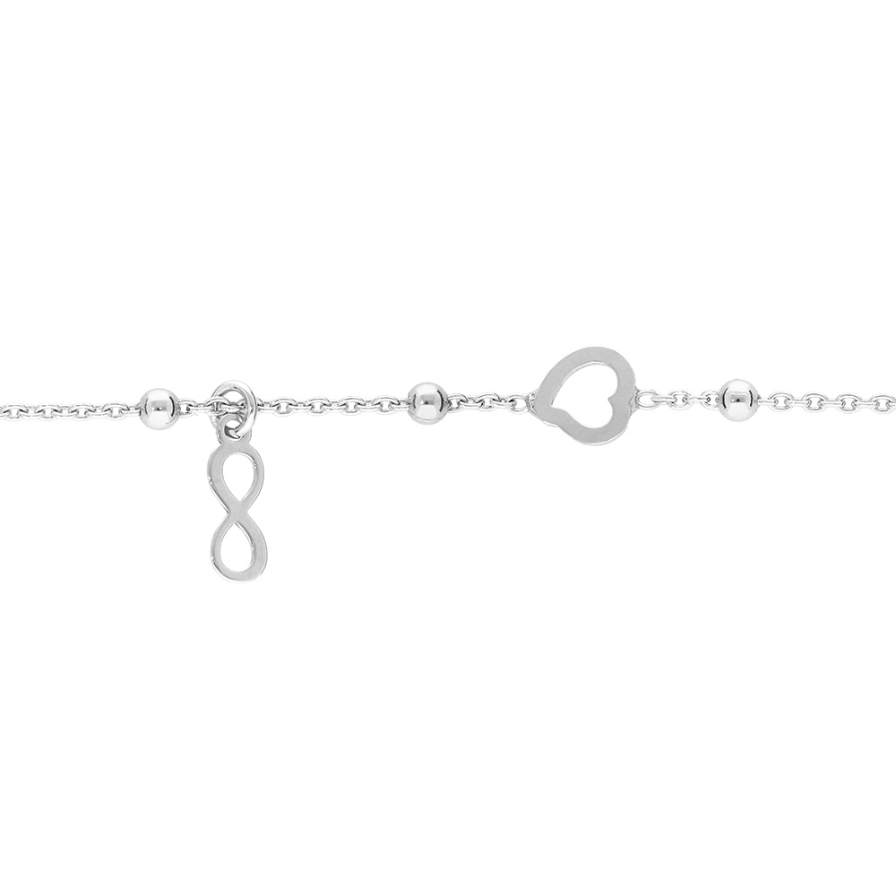 Bracelet en argent rhodi� cha�ne avec boules avec 1 coeur et 1 pampille infini 16+3cm - Vue 1