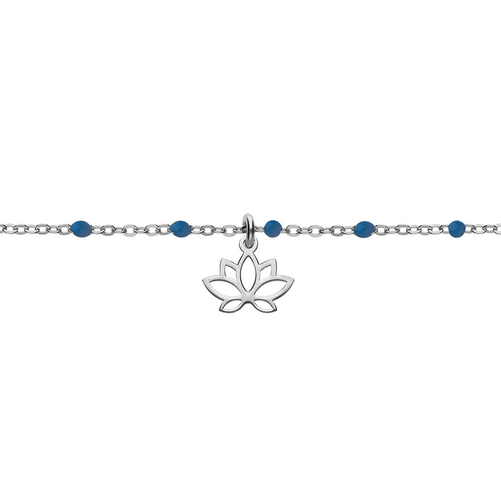 Bracelet en argent rhodi� cha�ne avec boules couleur bleu et pampille fleur de lotus 15+3cm - Vue 1