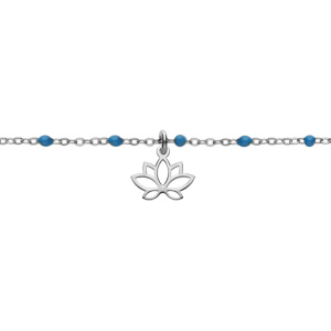 Bracelet en argent rhodi chane avec boules couleur bleu et pampille fleur de lotus 15+3cm - Vue 1