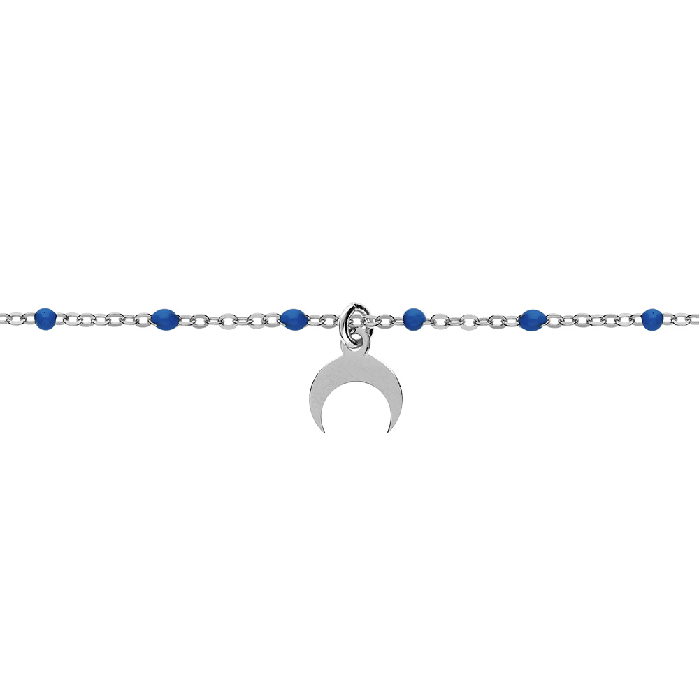 Bracelet en argent rhodi� cha�ne avec boules couleur bleues pampille demi-lune 15+3cm - Vue 1
